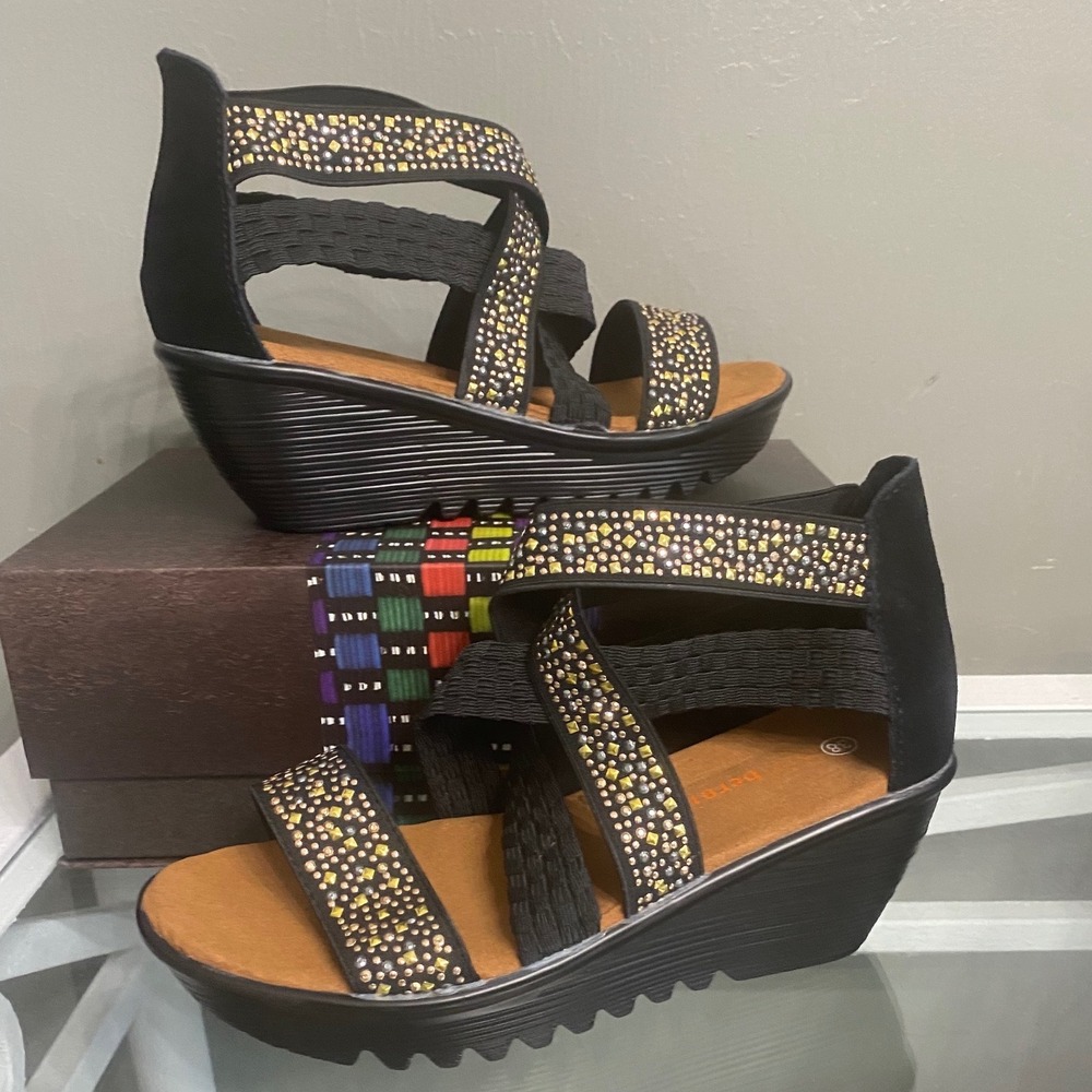 Bernie Mev Luscious Black Studded Memory Foam Wedge Sandals Size 38